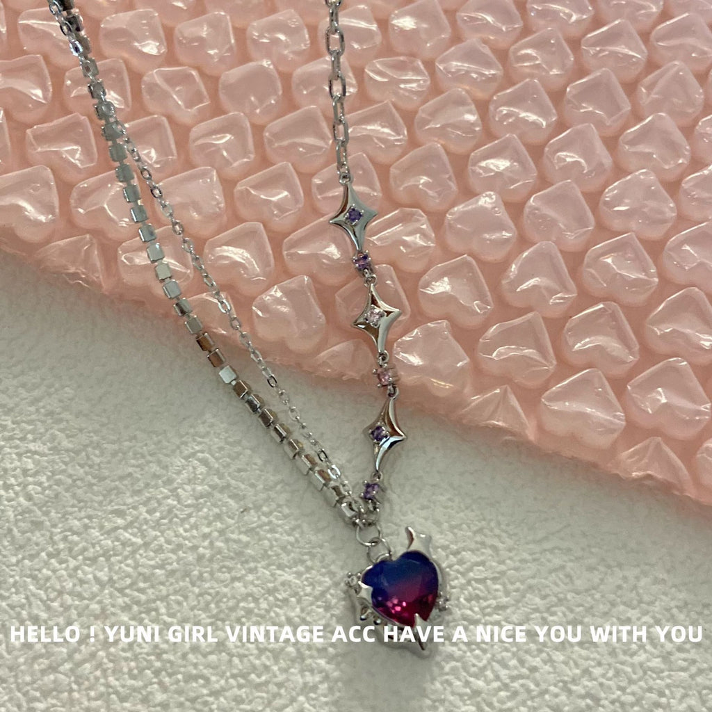 Bingyue Heart Pink Blue Gradient Heart Necklace Color Asterism Stitching Clavicle Chain Cn545