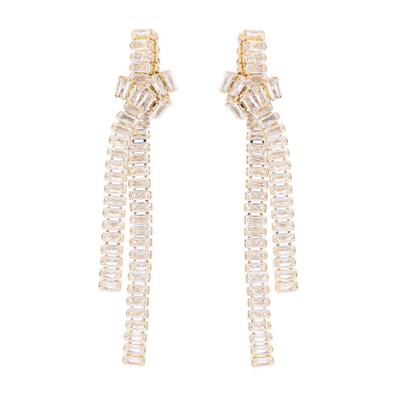 Rectangular Zircon Inlaid Knotted Long Fringe Earrings Cn360