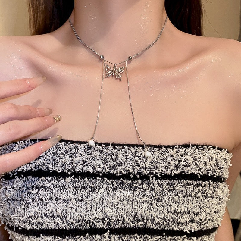 Silver Pull Butterfly Tassel Necklace Cn0227