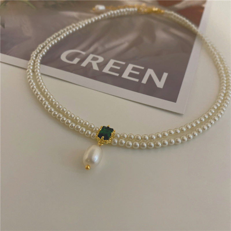 Emerald Square Rhinestone Pearl Necklace Cn444