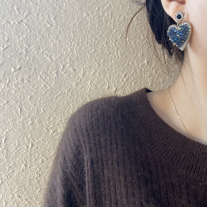 Geometric Crystal Shiny Big Heart Stud Earrings Cn456