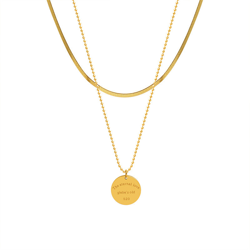 English Letter round Plate Pendant Double-Layer Chain Titanium Steel Gold-Plated Necklace Cn0284