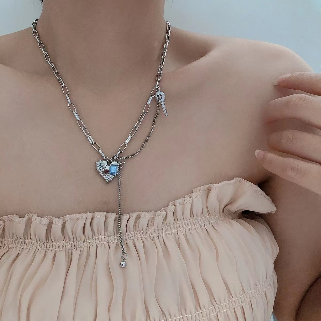 Blue Diamond Heart-Shaped Multi-Part Key Tassel Necklace Cn0248