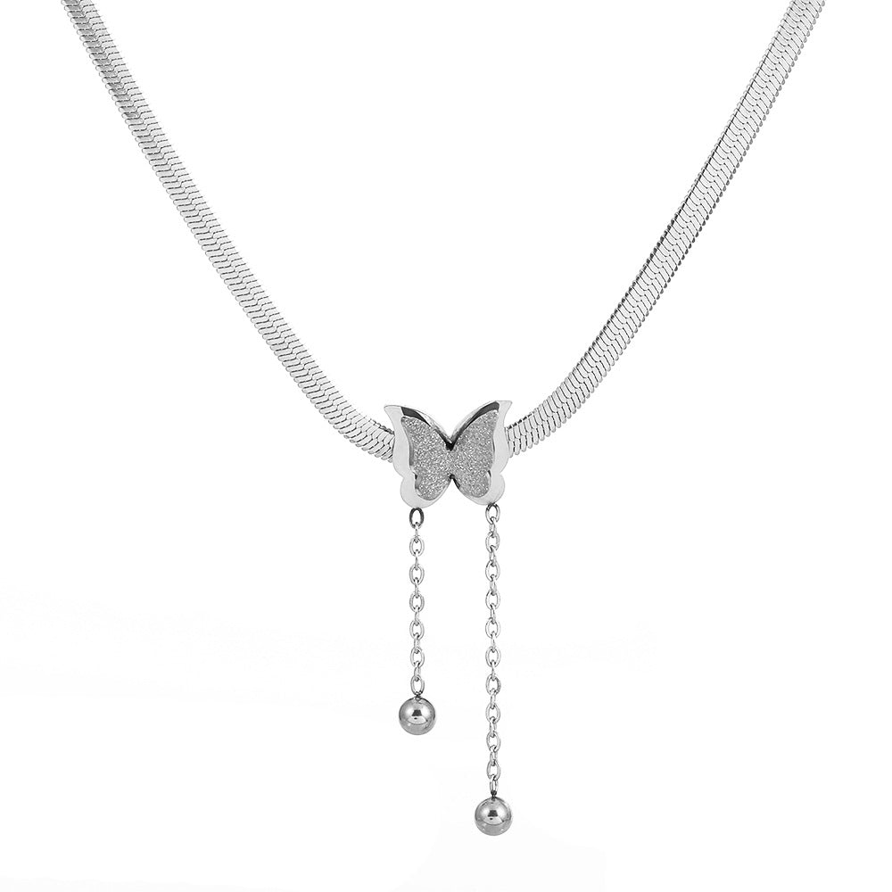 Frosted Butterfly Pendant Titanium Steel Tassel Necklace Cn0286