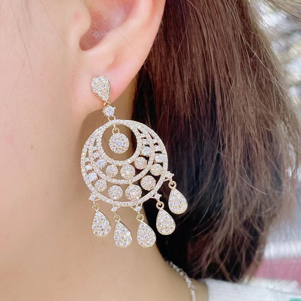 Drei-Kreis Zirkon großer Kreis Wasser tropfen Anhänger Quaste Herz Ohrringe Cn373