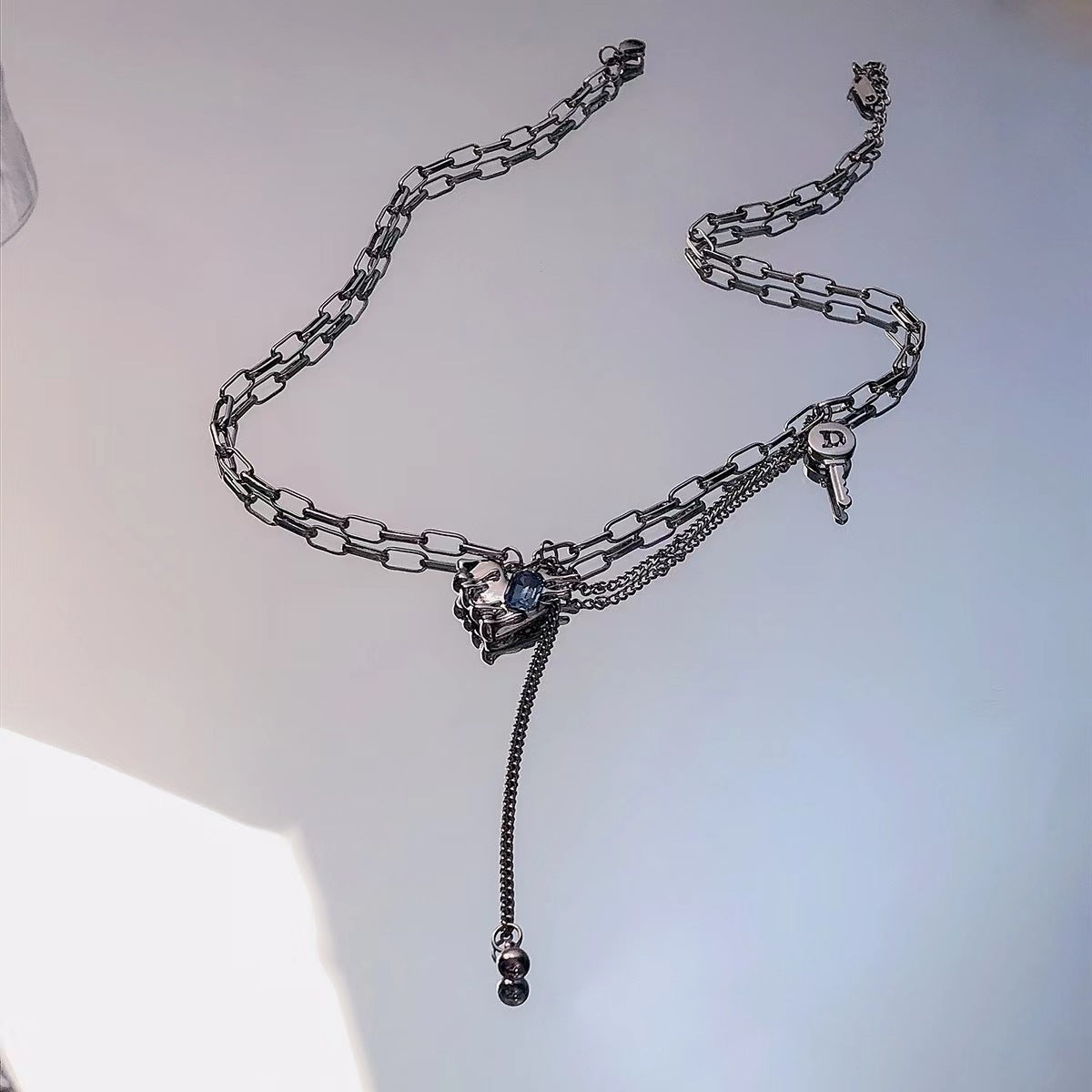 Blue Diamond Heart-Shaped Multi-Part Key Tassel Necklace Cn0248