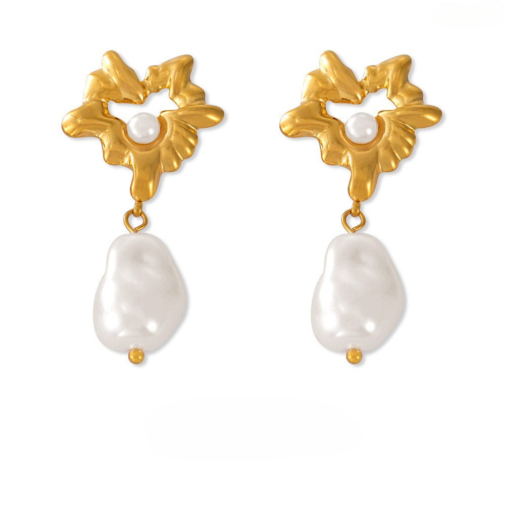 Hepburn style retro light luxury niche personalized earrings exaggerated style love bead pendant titanium steel gold-plated earrings