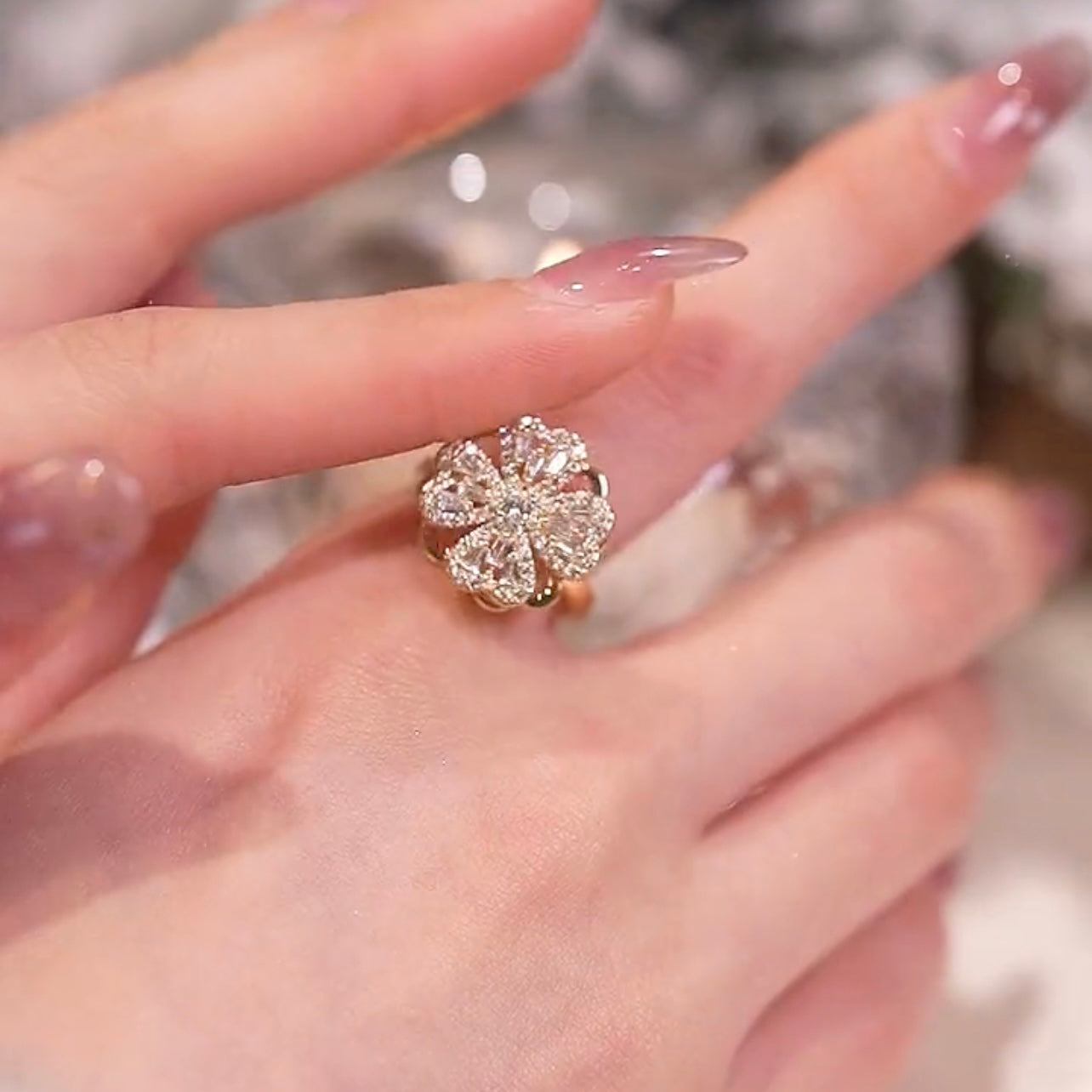 Minor design four-leaf clover rotating ring adjustable size open ring double diamond personalized ring