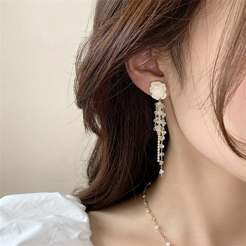 Little Fragrant Wind Camellia Tassel Long Earrings