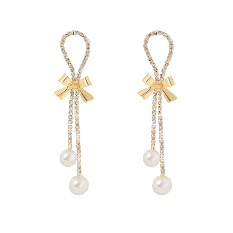 리본 라인스톤 태슬 이어링