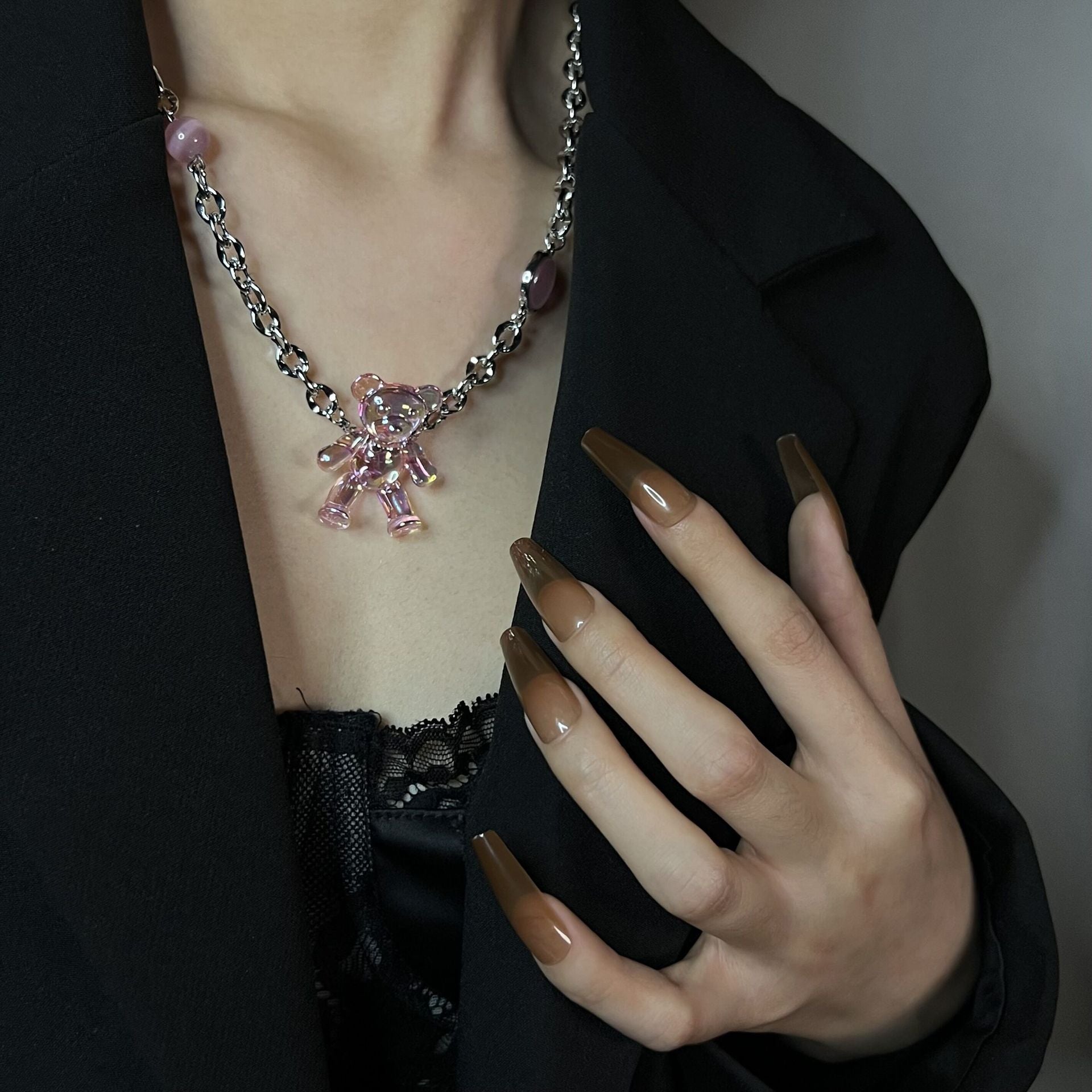 Love Opal Pink Bear Necklace Clambone Chain