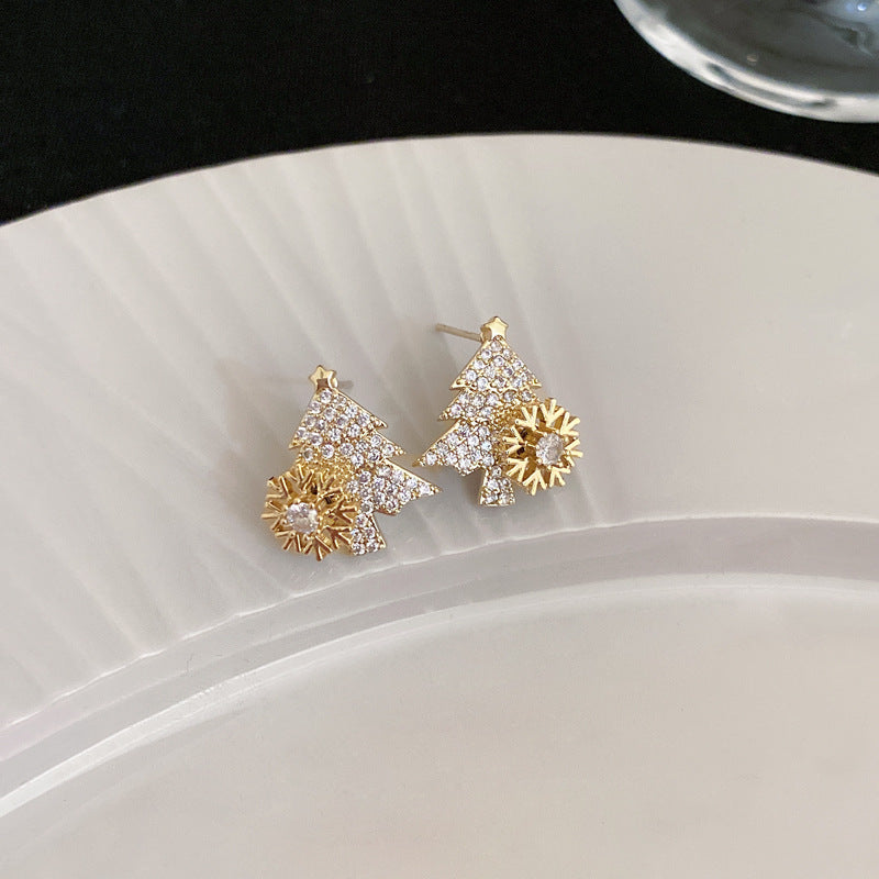snowflake Christmas tree rotatable zircon earrings