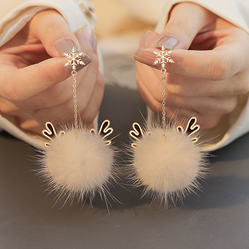 Furry Christmas snowflake elk fur ball earrings