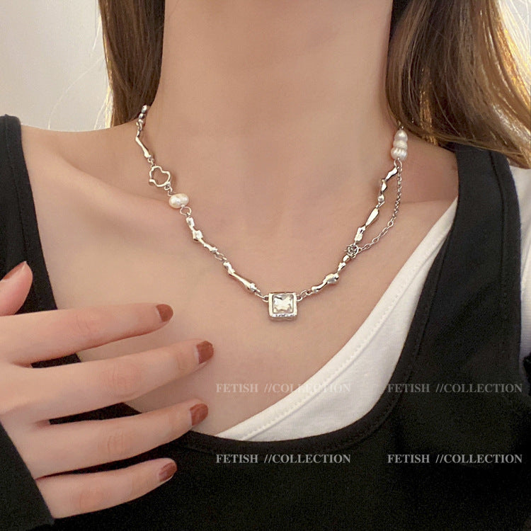 바로크 담수 모조 진주 블랙 지르콘 목걸이 여성