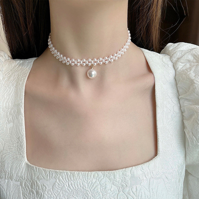 Woven three-row pearl clavicle chain neck chain