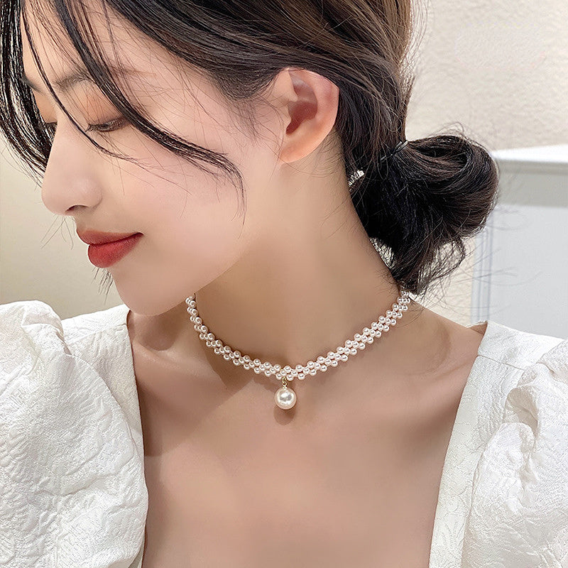Woven three-row pearl clavicle chain neck chain