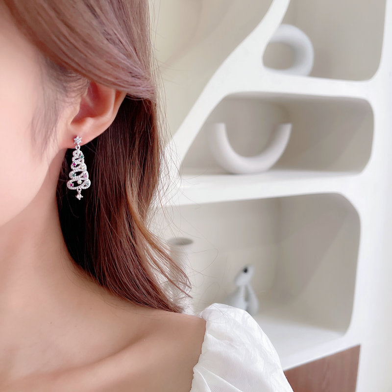 S925 سوزن نقره ای زیرکون دانه برف گوشواره درخت کریسمس رنگارنگ