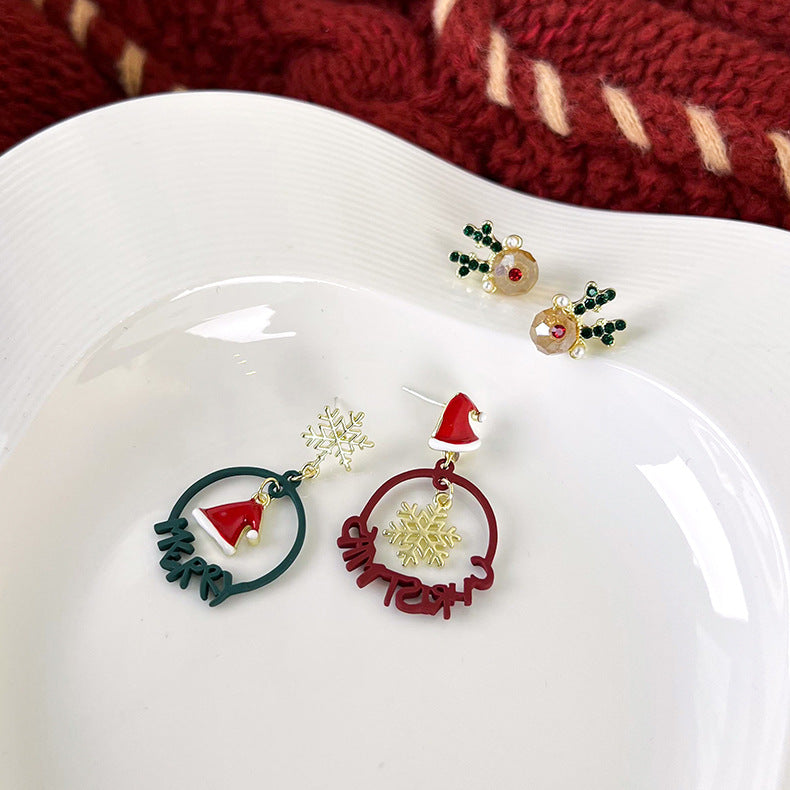 گوشواره های هدیه کوچک کریسمس زن کره ای الک برف ریزه گوشواره های شاخی کوچک کلاه کریسمس