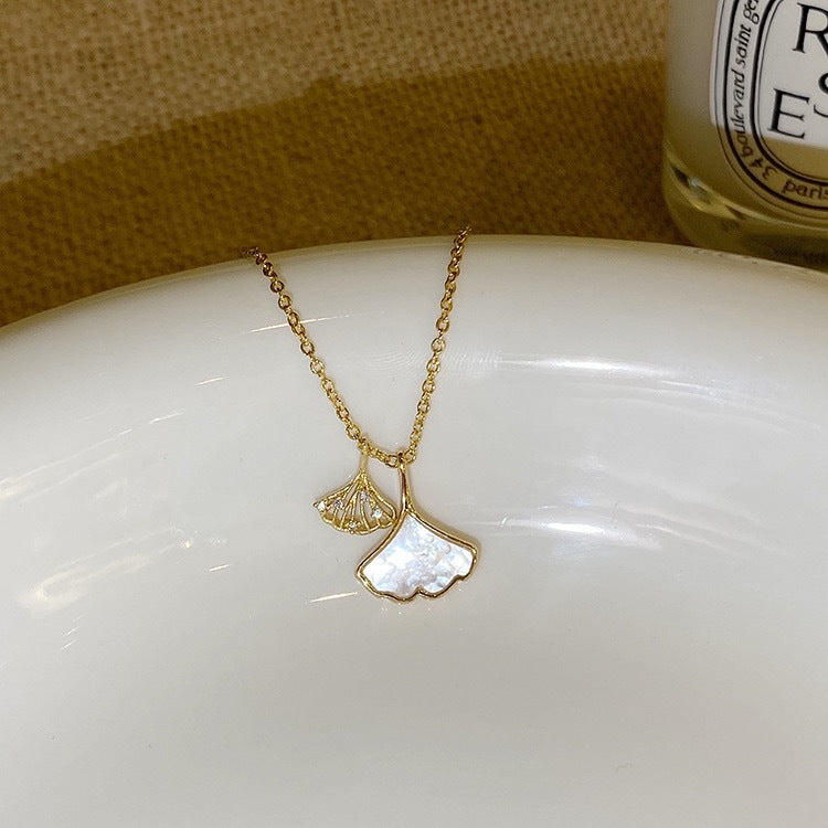 Apricot leaf white resin micro zircon double necklace