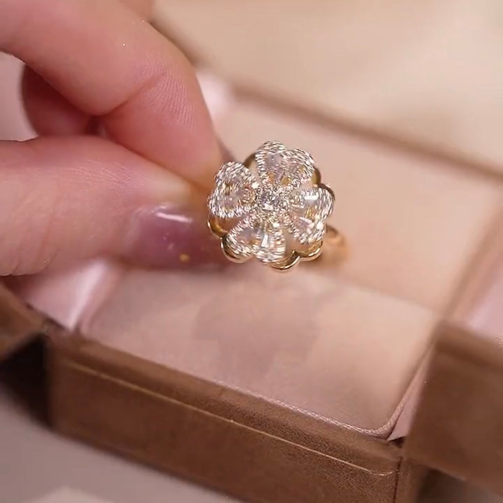 Desain kecil cincin berputar semanggi empat daun ukuran disesuaikan cincin terbuka cincin pribadi berlian ganda