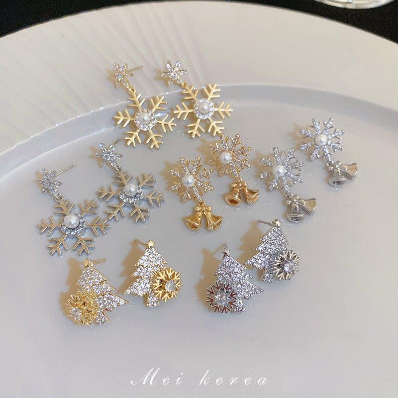 snowflake Christmas tree rotatable zircon earrings