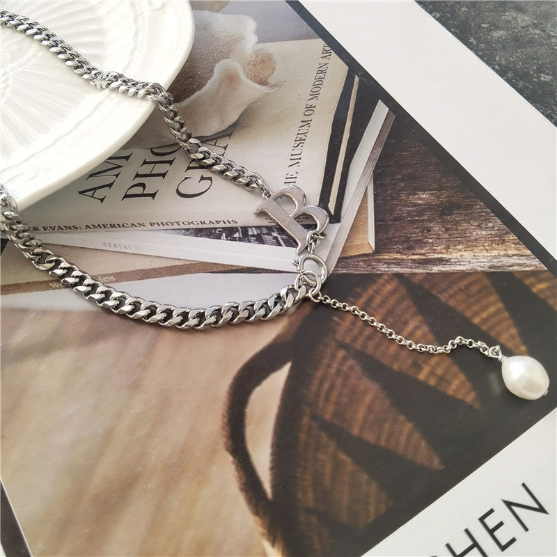 Gold and silver two-color letter B stitching drop pendant short necklace