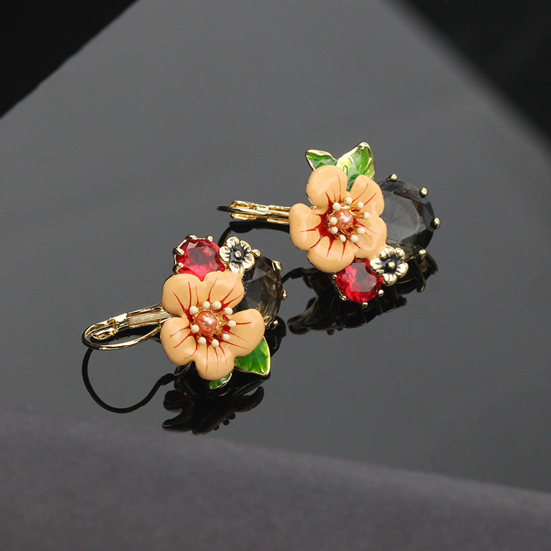 레트로 기름 떨어지는 꽃 귀걸이 신선한 동화 에나멜 귀걸이