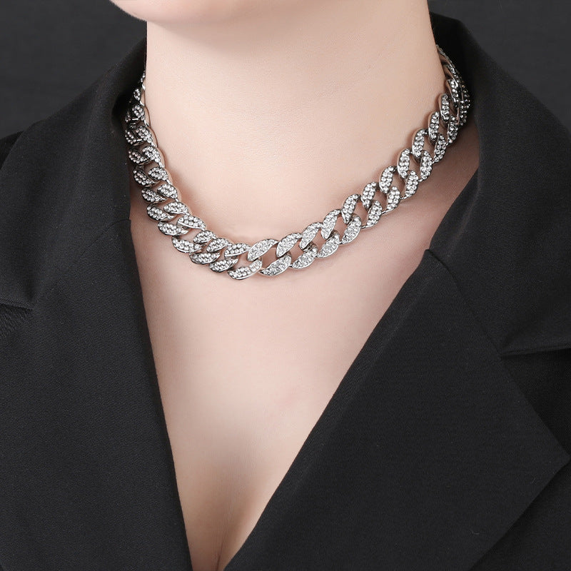 কিউবান নেকলেস সম্পূর্ণ হীরা পুরু ব্রেসলেট ক্ল্যাভিকল চেইন সমন্বয়