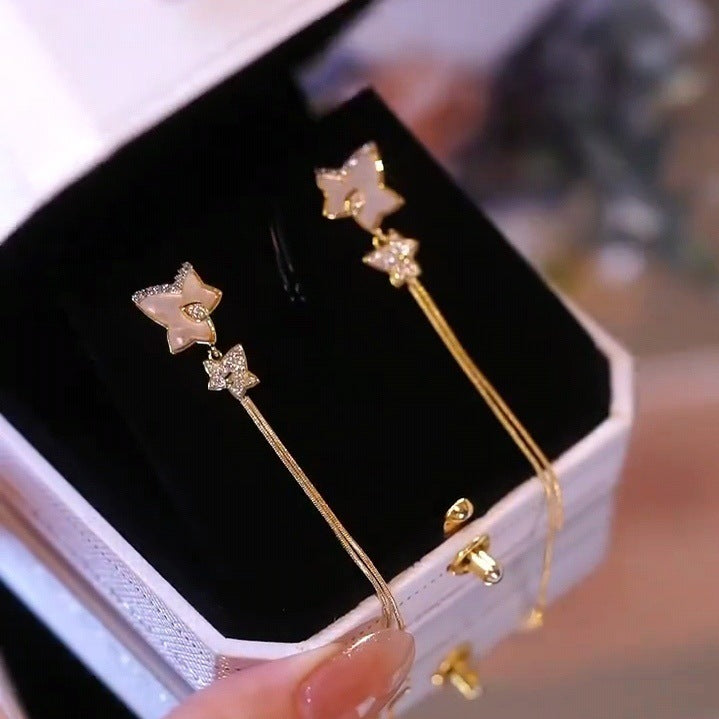 Micro-inlaid zircon five-pointed star tassel earrings