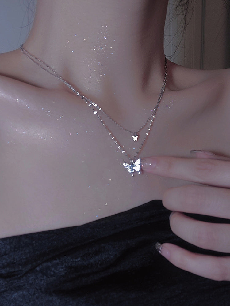 Doppelschichtige Schmetterlingshalskette aus Titanstahl für weibliche Schlüsselbeinkette