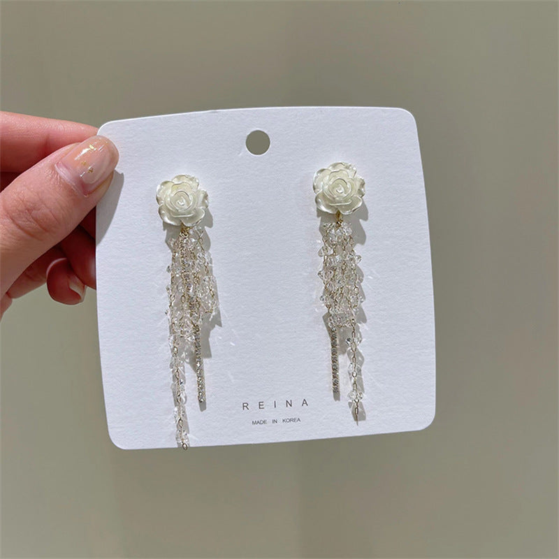 Little Fragrant Wind Camellia Tassel Long Earrings