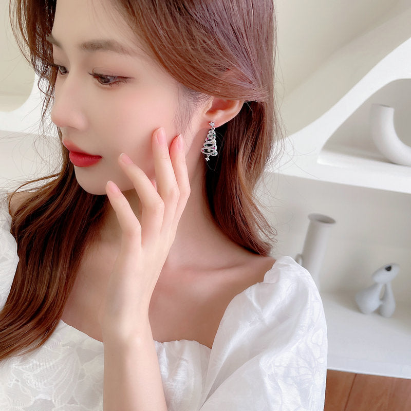 S925 سوزن نقره ای زیرکون دانه برف گوشواره درخت کریسمس رنگارنگ