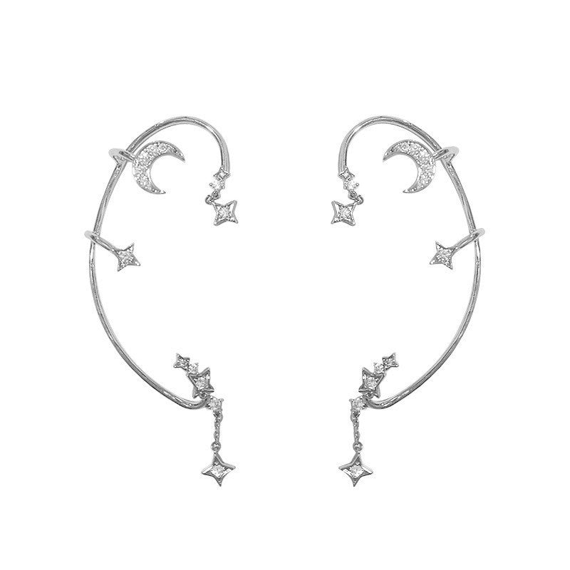 Diamond-encrusted four-awn star moon star earrings without ear holes
