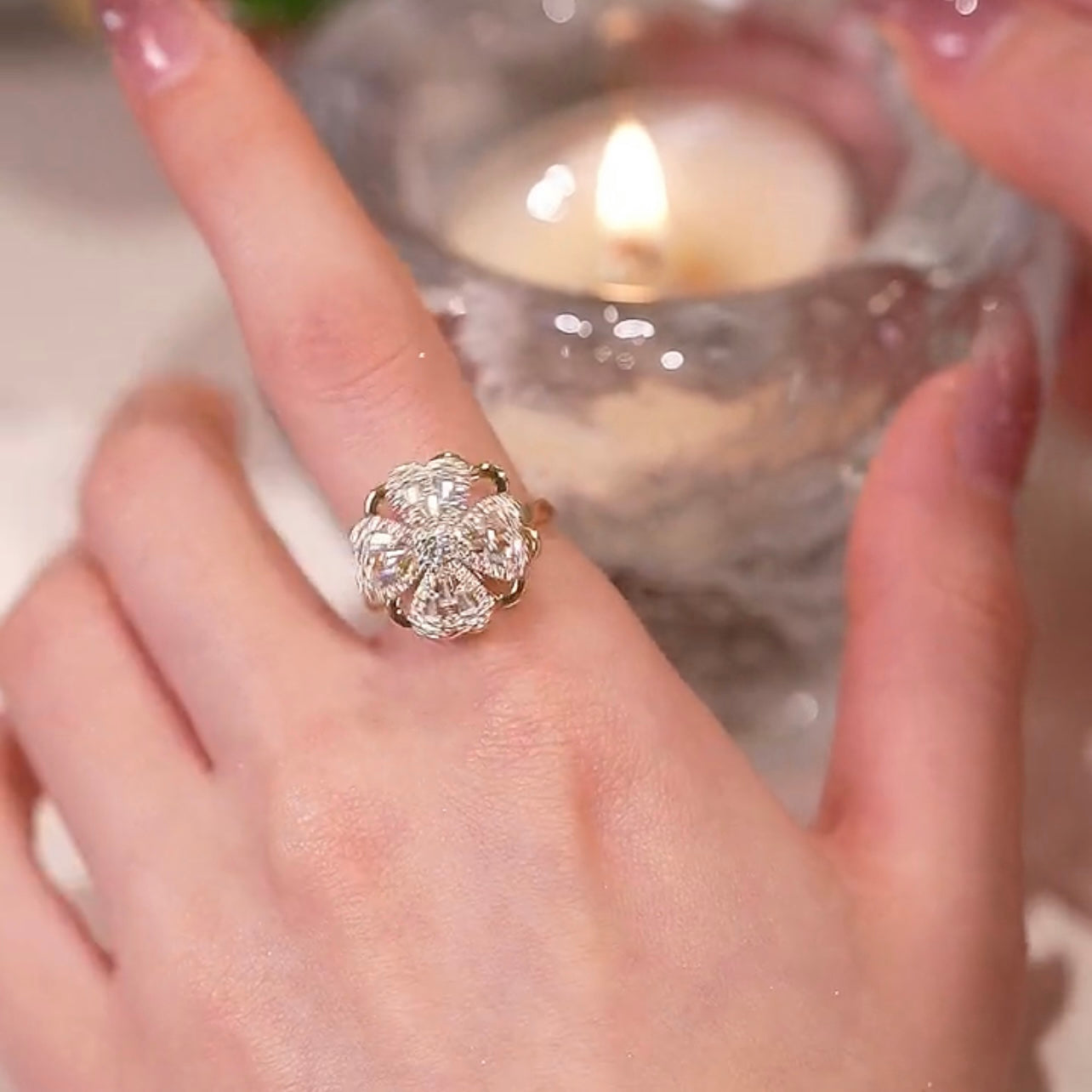 Minor design four-leaf clover rotating ring adjustable size open ring double diamond personalized ring