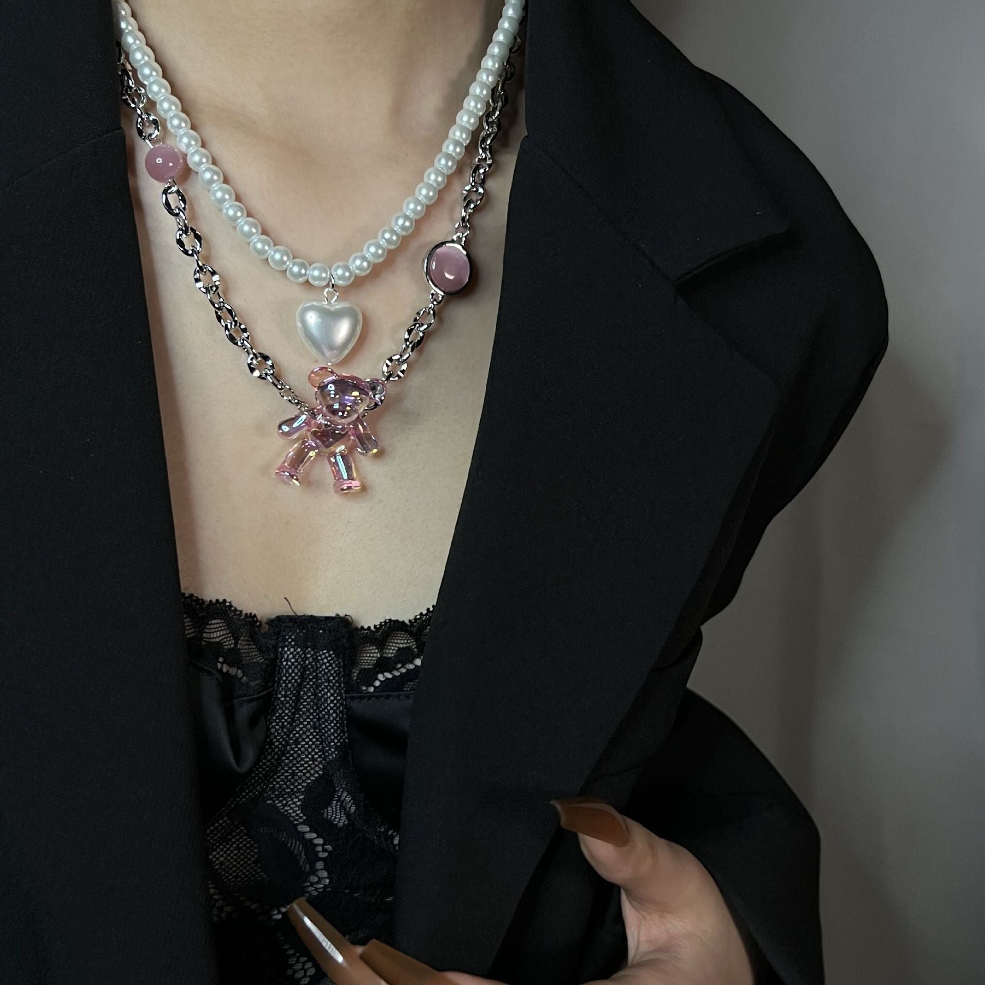 Love Opal Pink Bear Necklace Clambone Chain