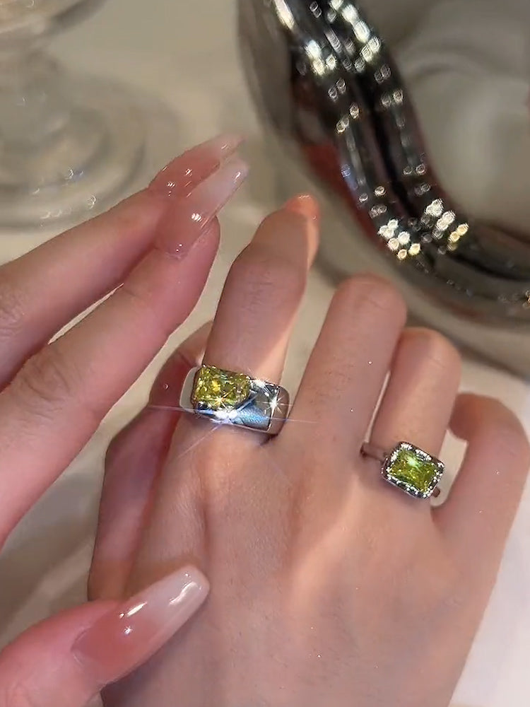 Nhẫn kim cương hình vuông nho xanh Nhẫn thực phẩm mở hai món Nhẫn đeo tay Nhẫn cá tính