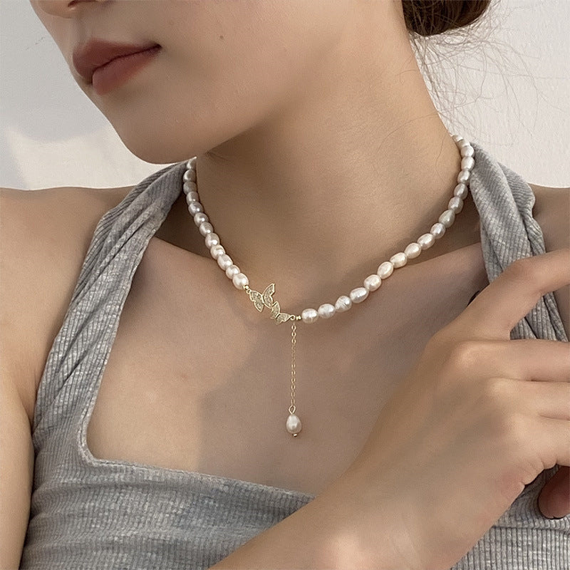 زنجیر گردن لوبیا طلایی کوچک طلایی مروارید تقلیدی طبیعی باروک