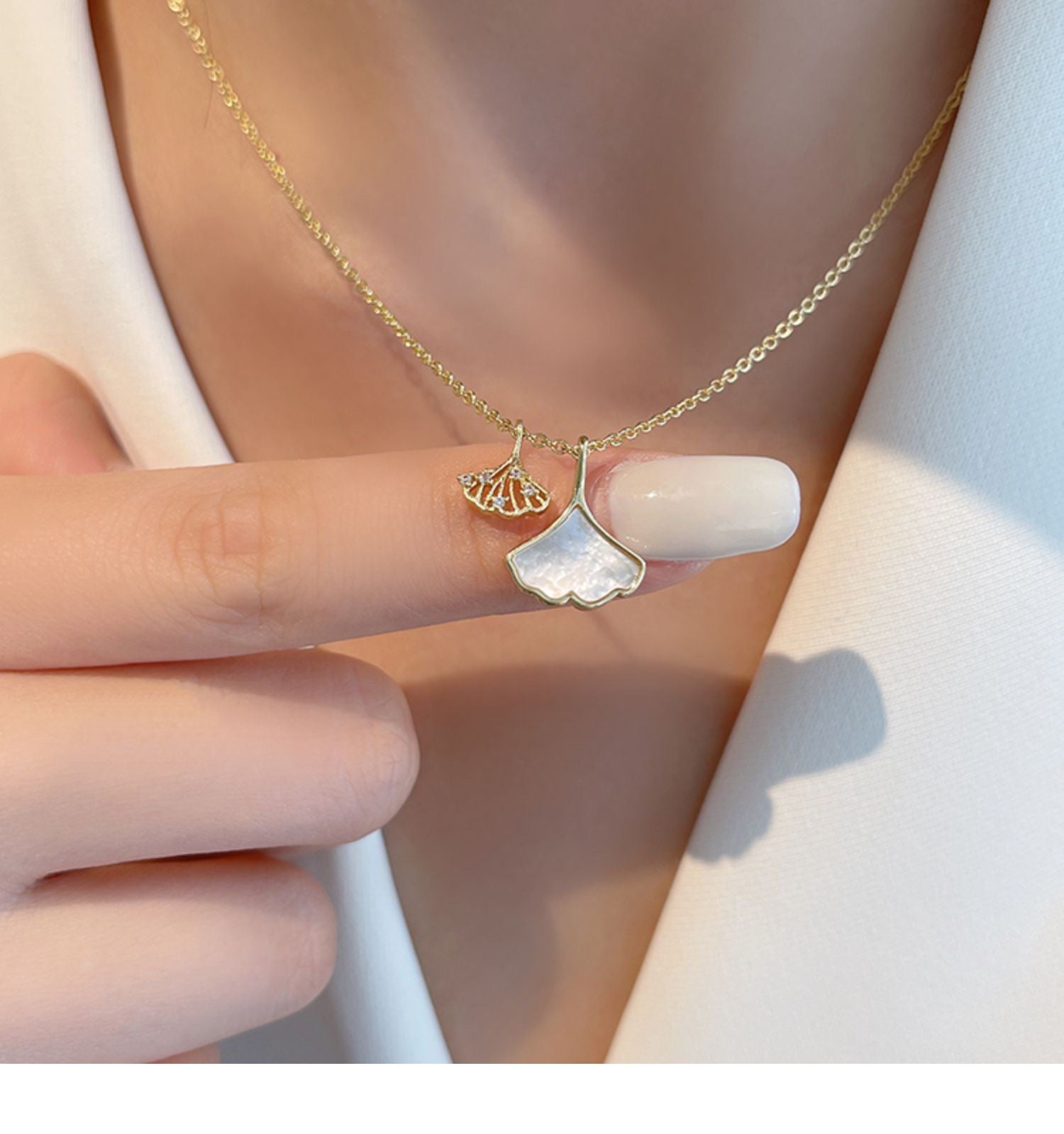 Apricot leaf white resin micro zircon double necklace