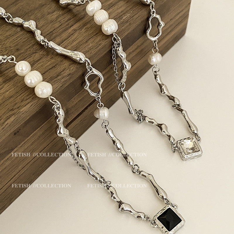 바로크 담수 모조 진주 블랙 지르콘 목걸이 여성
