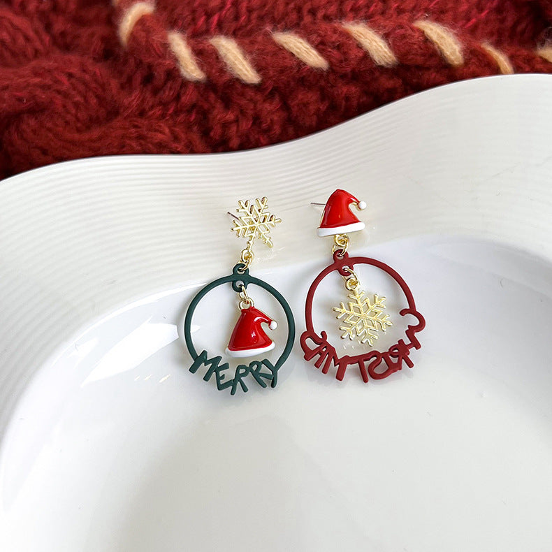 گوشواره های هدیه کوچک کریسمس زن کره ای الک برف ریزه گوشواره های شاخی کوچک کلاه کریسمس