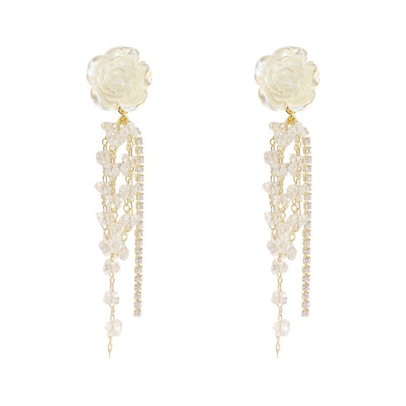Little Fragrant Wind Camellia Tassel Long Earrings