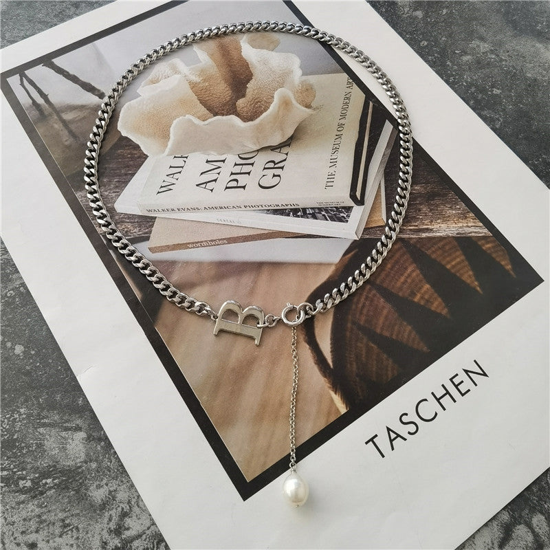 Gold and silver two-color letter B stitching drop pendant short necklace