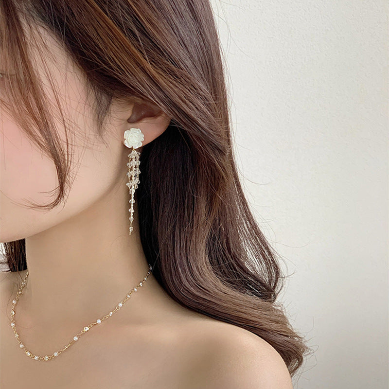 Little Fragrant Wind Camellia Tassel Long Earrings