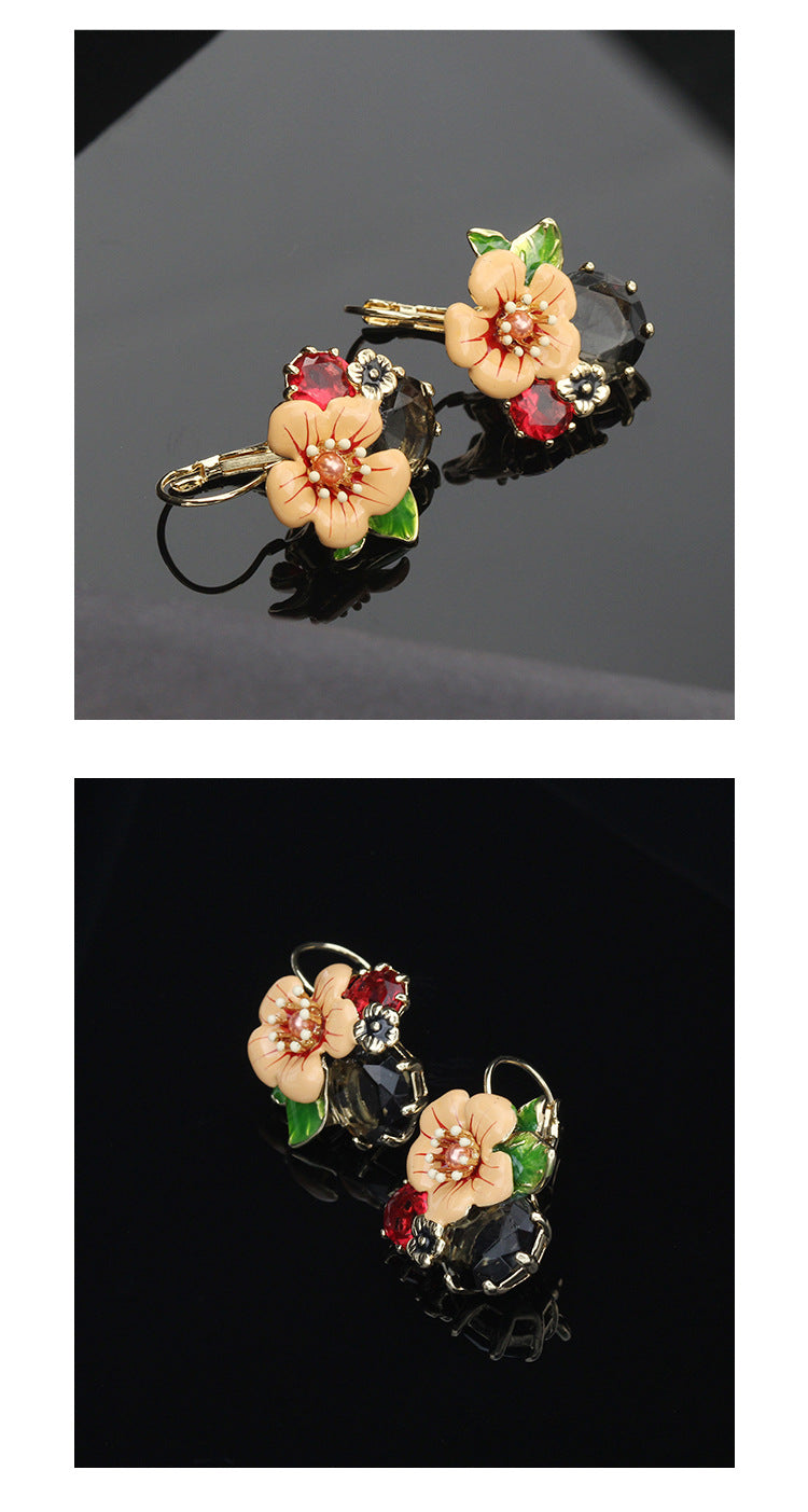 레트로 기름 떨어지는 꽃 귀걸이 신선한 동화 에나멜 귀걸이