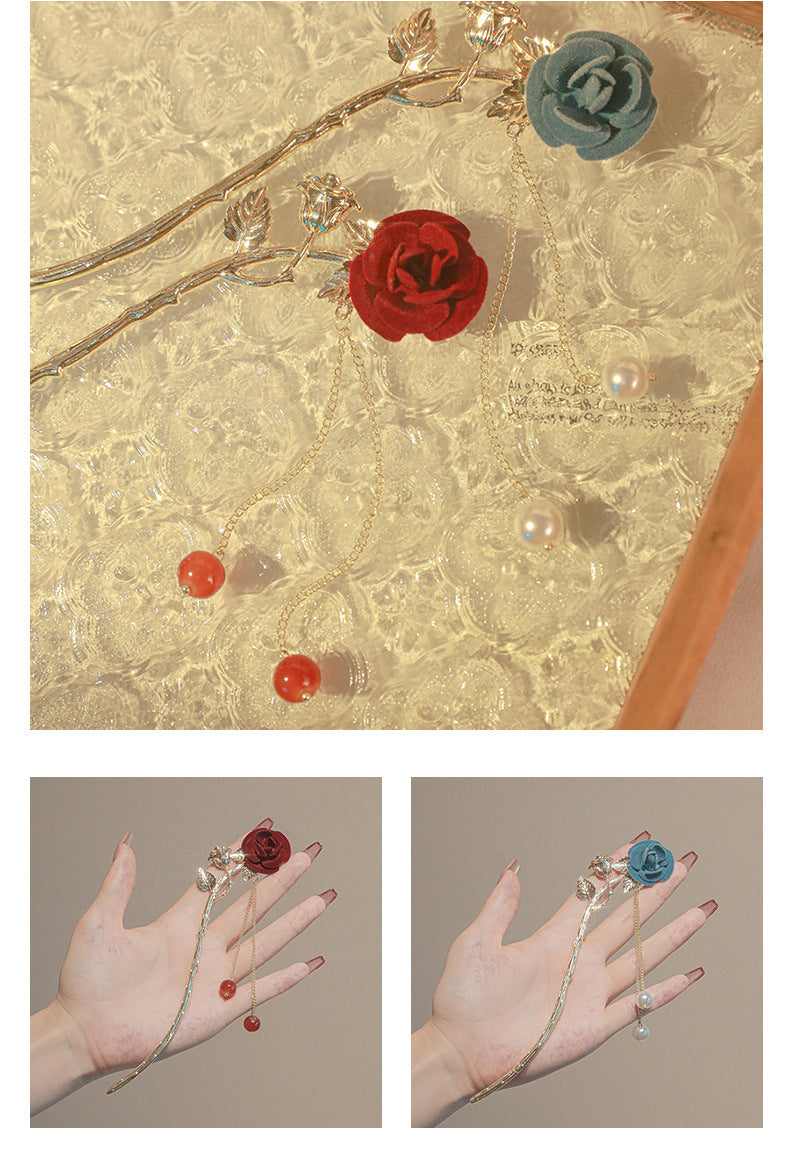 Gancho de cabelo com borla de rosa francesa