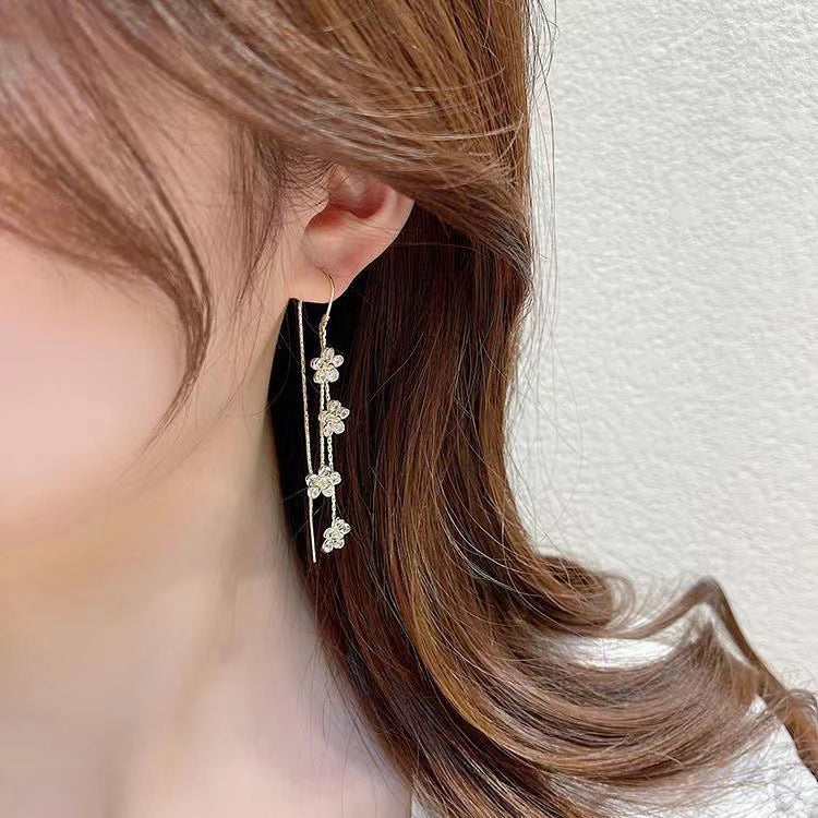 Fringed long zircon flower earrings
