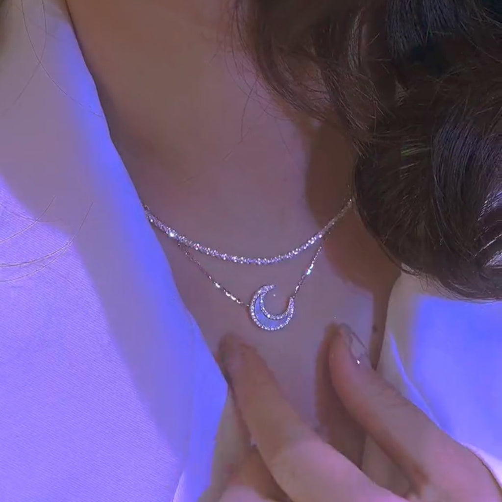 প্রাকৃতিক শেল চাঁদ ডাবল-স্তর দুই-টুকরা ক্ল্যাভিকল চেইন নেকলেস স্পার্কলিং নেকলেস মহিলা