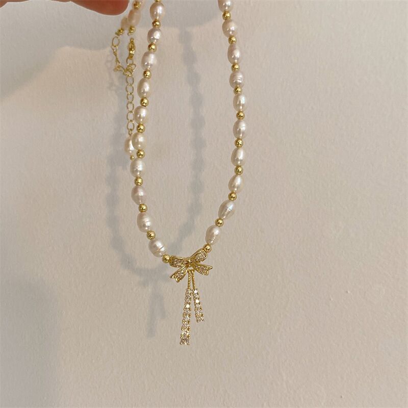 زنجیر گردن لوبیا طلایی کوچک طلایی مروارید تقلیدی طبیعی باروک