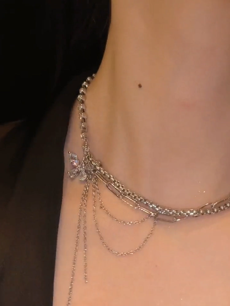 나비 태슬 지르콘 목걸이 스티치 쇄골 체인