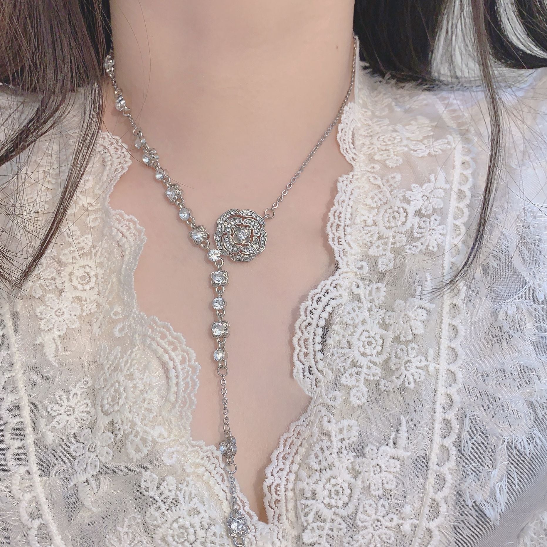 French vintage camellia pendant necklace